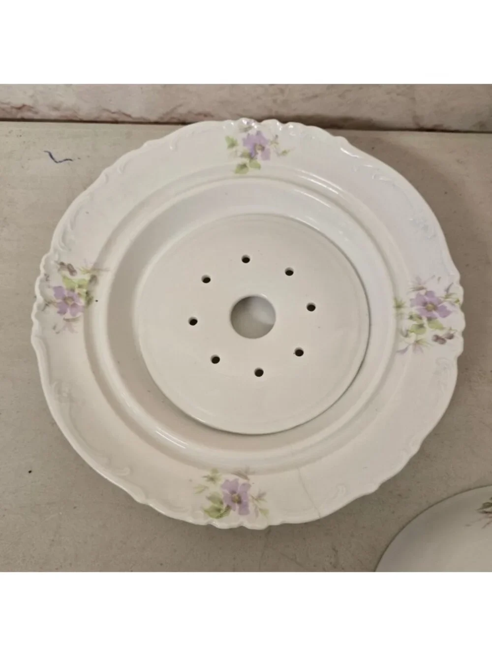 Antique Ceramic Covered Butter Dish Purple Floral Design Perforated Insert Plate